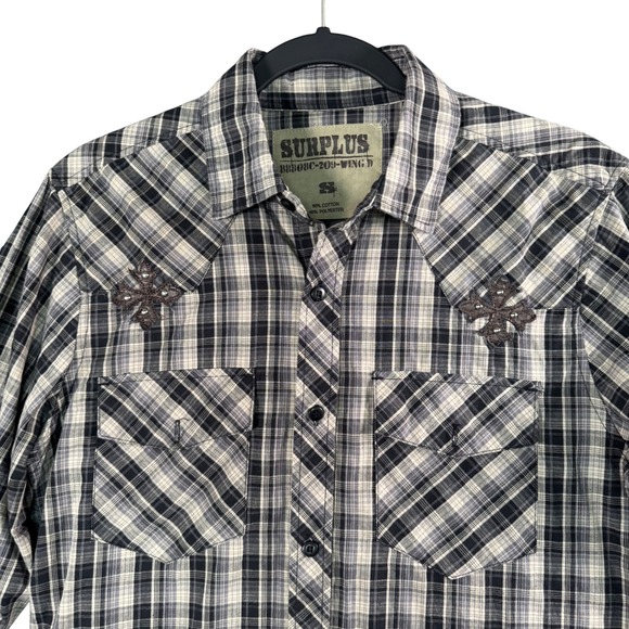 Surplus Other - Surplus Mens Plaid Pearl Snap Western Shirt Embroidered Y2K Gorpcore Utility S